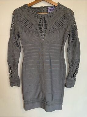 Herve Leger Gray Long Sleeve Bandage Knit Dress